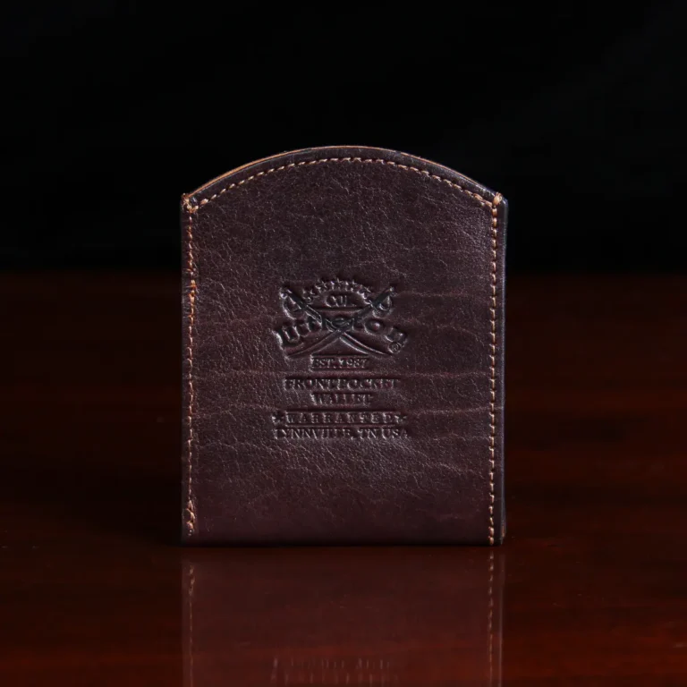 front pocket wallet in tobacco buffalo showing the back side