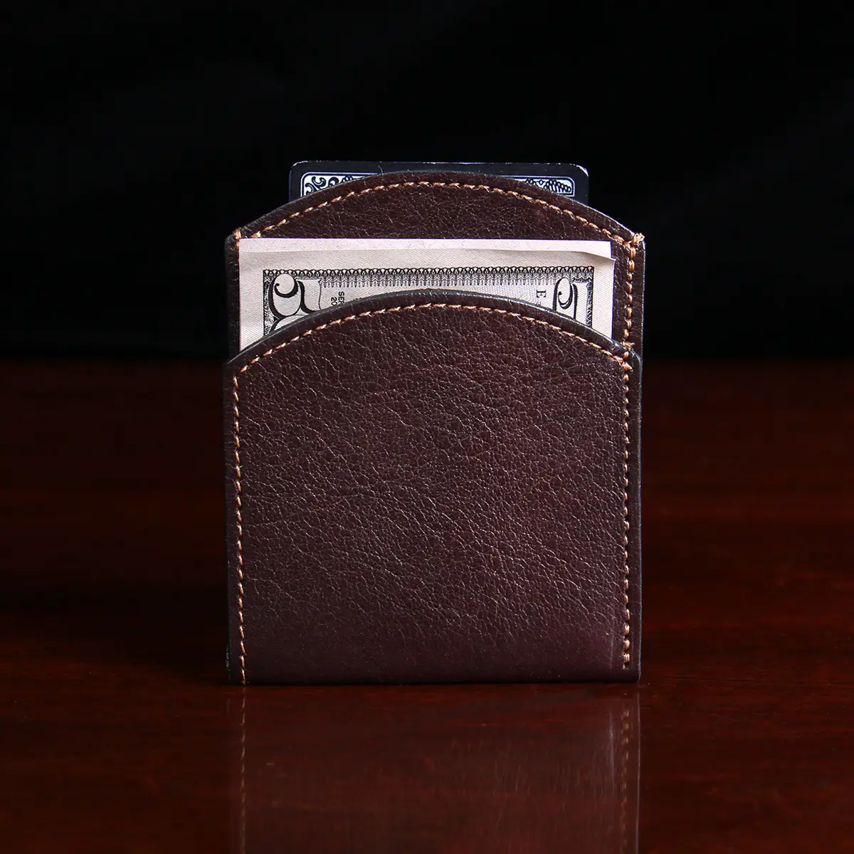 front pocket wallet in tobacco buffalo showing the front