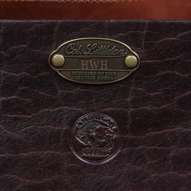 Tobacco Brown American Buffalo No. 1 Saddlebag Briefcase - Detail view of personalized plate and American Buffalo stamp