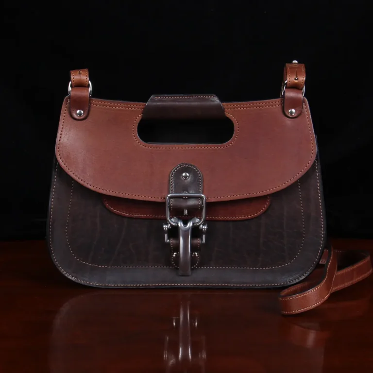 front of No. 17 Hunt Bag made of two-tone brown American Buffalo and Vintage Brown Steerhide leather