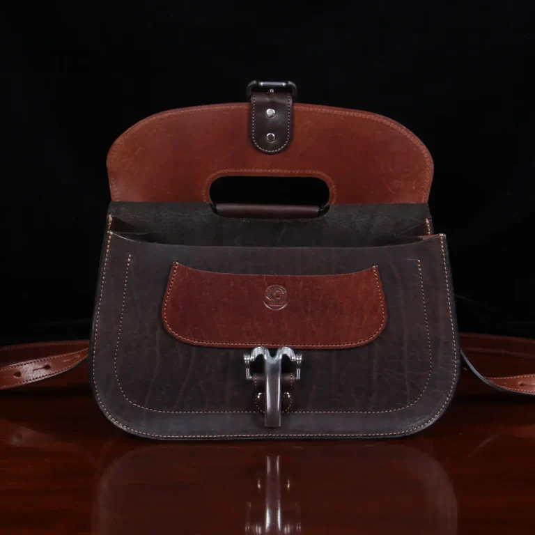 open front view of. No. 17 Hunt Bag made of two-tone brown American Buffalo and Vintage Brown Steerhide leather