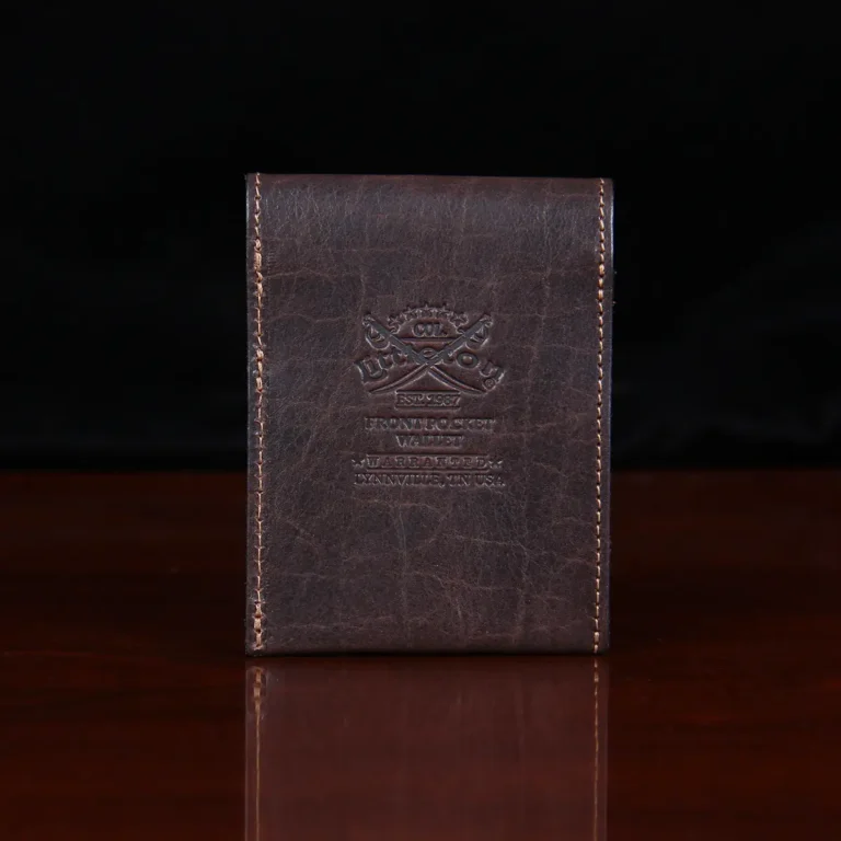 Dark brown american buffalo leather Front Pocket Wallet with fold-over flap - back view