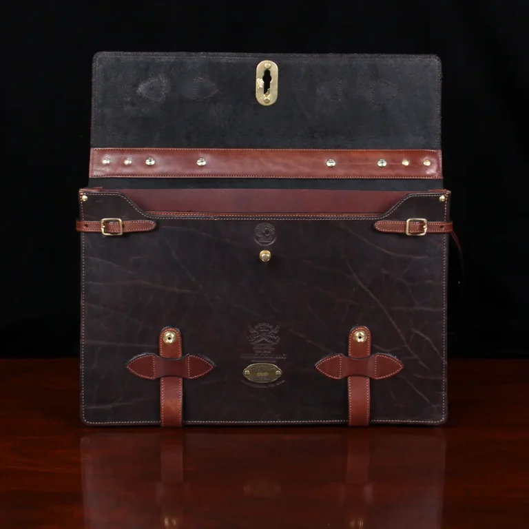 No. 1943 Navigator Briefcase in Tobacco Brown American Buffalo with Vintage Brown Steerhide trim - front open view