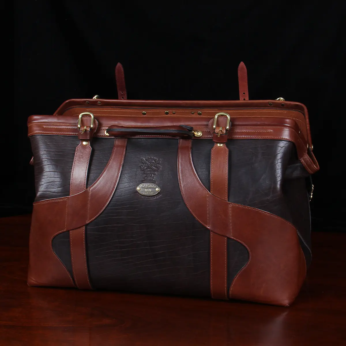 No. 5 Grip in Tobacco Brown American Buffalo with Vintage Brown Steerhide trim - front open view