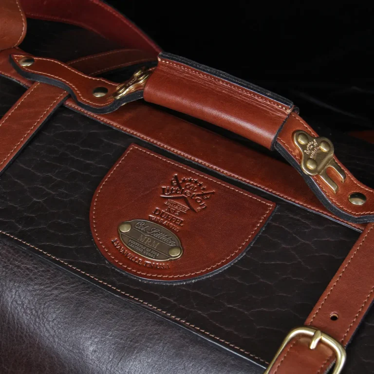 No. 2 Duffel Bag in Tobacco Brown American Buffalo with Vintage Brown American Steerhide trim - top handle view