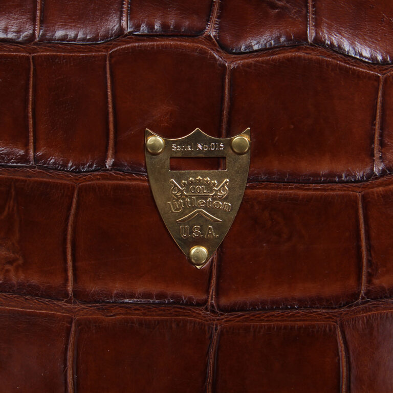 No. 1 Saddlebag Briefcase in Vintage Brown American Alligator - Serial Number 015 - detail of pommel shield and serial number