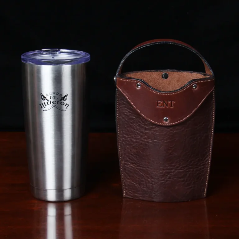 No. 20 Tobacco Brown American Buffalo Traveler Set on wood table - tumlber and sleeve