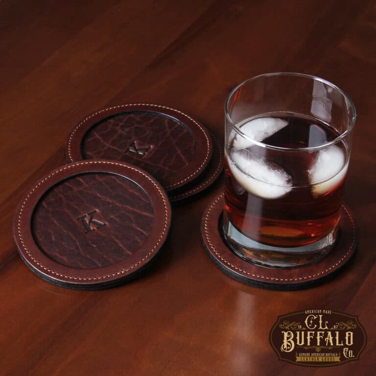 Tobacco Brown American Buffalo Leather Coasters on table with glass of tea