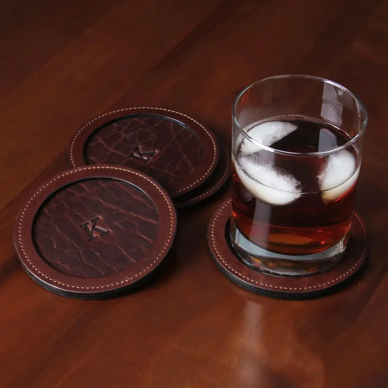 Tobacco Brown American Buffalo Leather Coasters on table with glass of tea