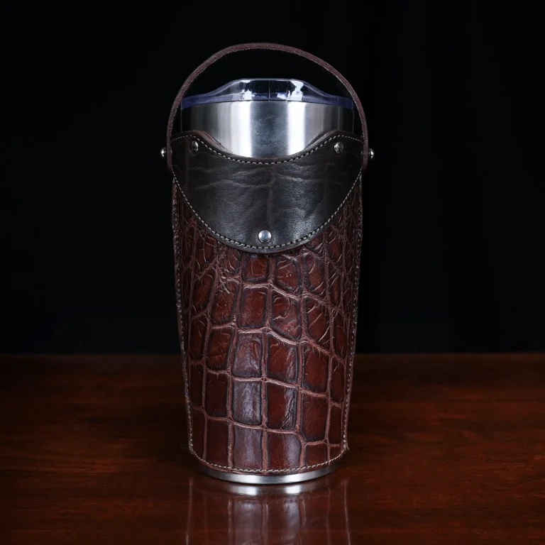 No. 20 Traveler Tumbler Sleeve Set in brown American Alligator - 20oz stainless steel tumbler - ID 003 - front view on black background