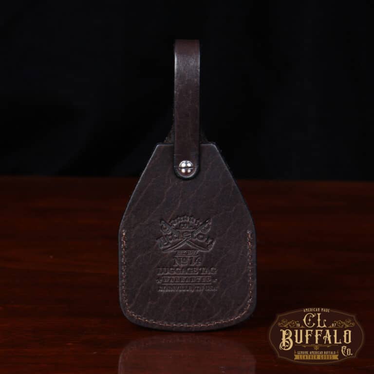back view Tobacco Brown American Buffalo Luggage Tag on wood table with CL Buffalo logo in bottom right hand corner