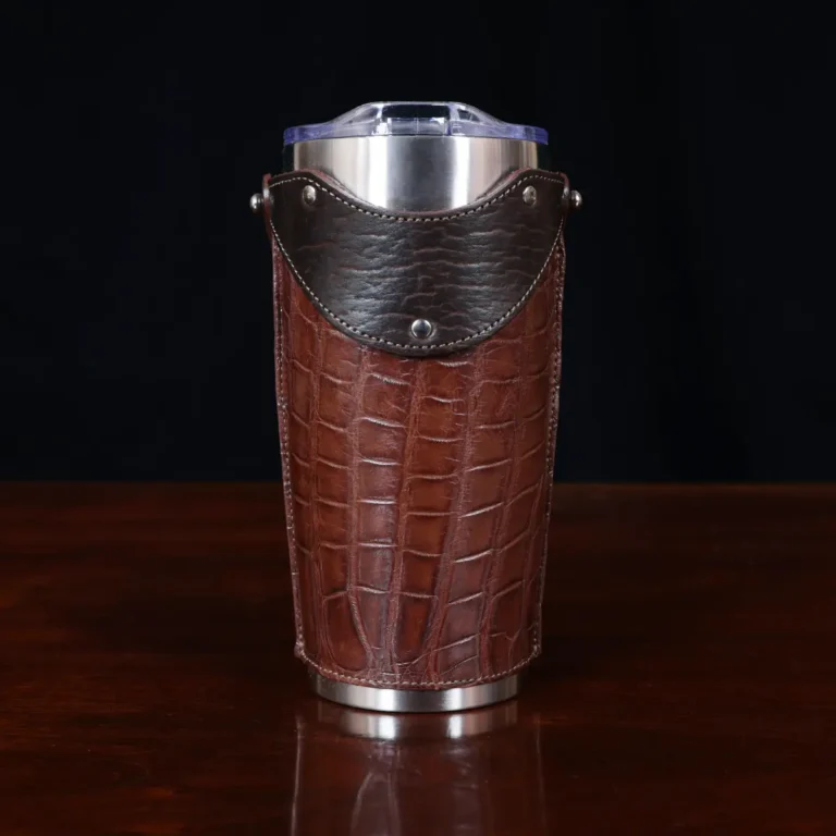 No. 20 Traveler Tumbler Sleeve Set in brown American Alligator - 20oz stainless steel tumbler - ID 002 - front view on black background