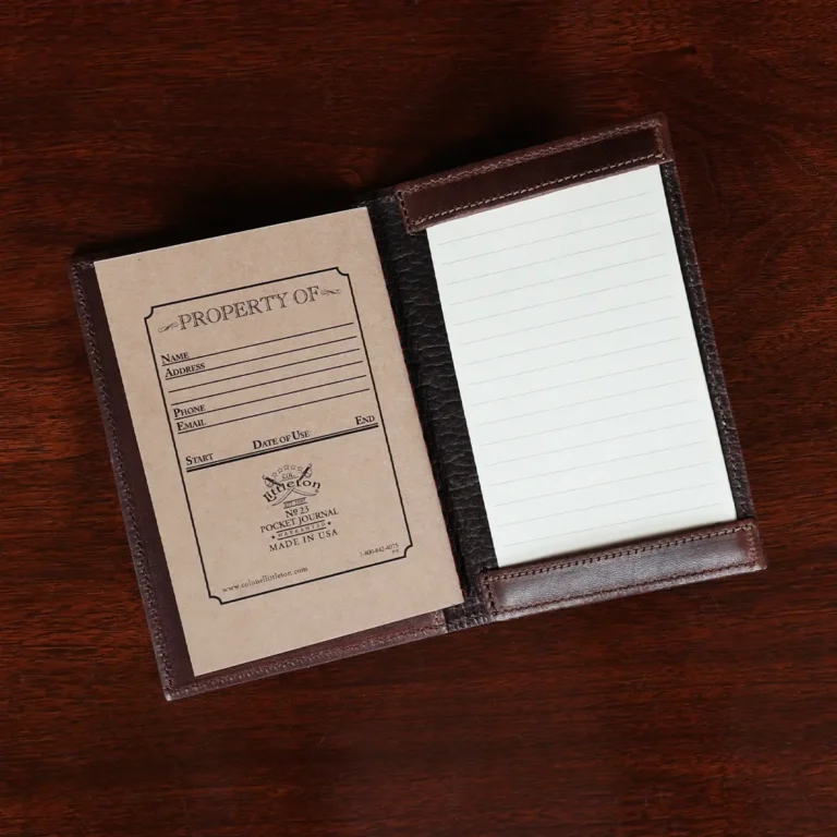 Open view of the American Alligator No. 23 Pocket Journal. The inside is trimmed in American Steerhide and Buffalo and showcases the notebook.