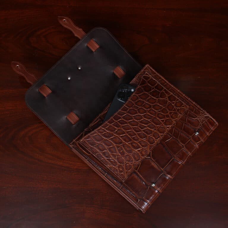 No. 33 Notebook in Vintage Brown American Alligator - ID 001 - open front flap showing phone pocket