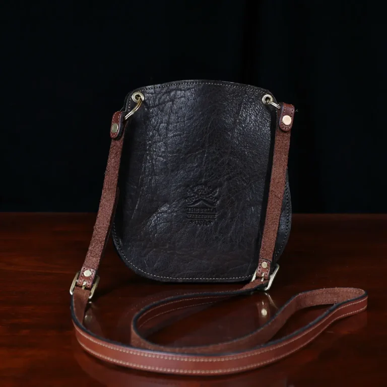 Bella bags in Tobacco Brown American Buffalo with leather patches on front - boot - back view
