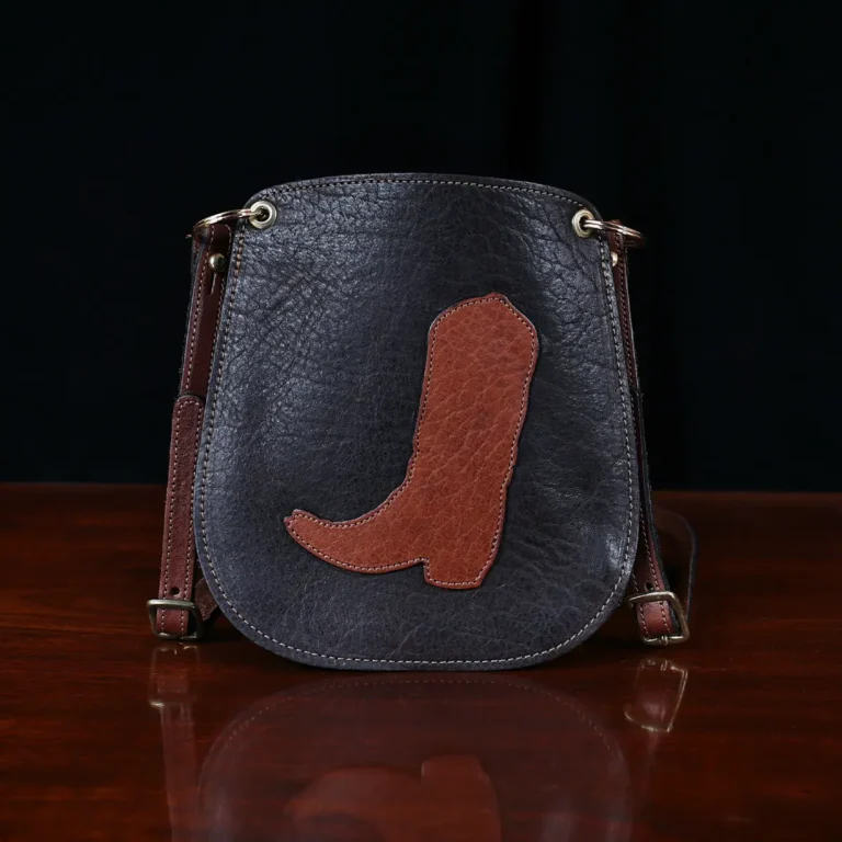 Bella bags in Tobacco Brown American Buffalo with leather patches on front - boot - front view