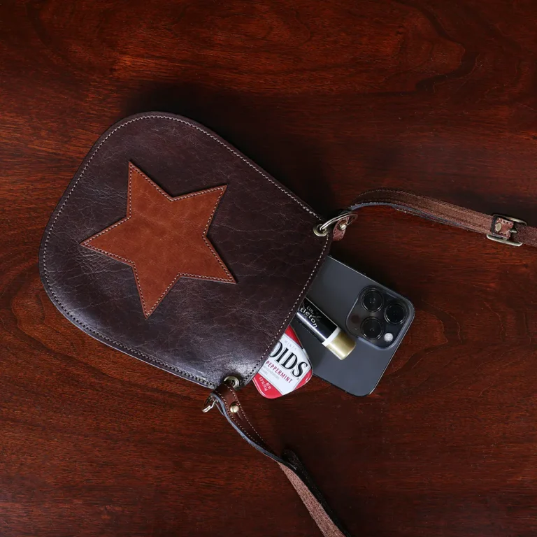 Bella bags in Tobacco Brown American Buffalo with leather patches on front - star - phone