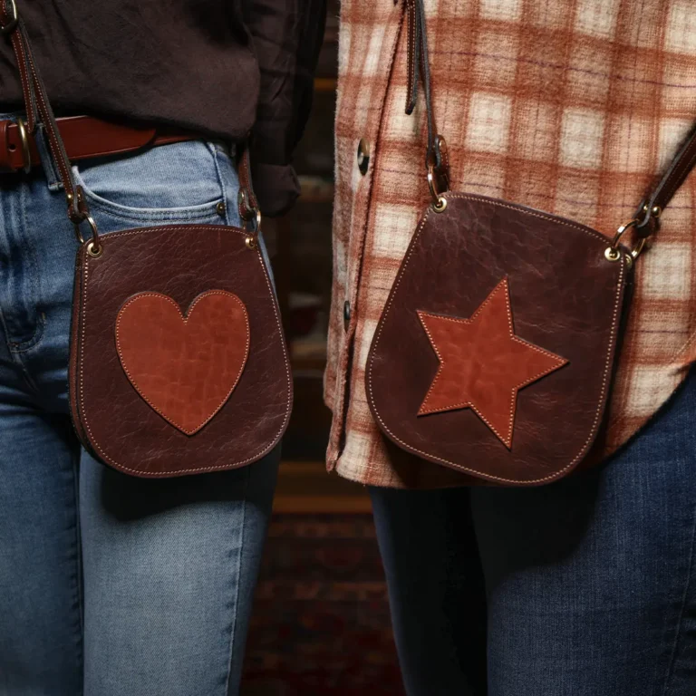 Bella bags in Tobacco Brown American Buffalo with leather patches on front on women