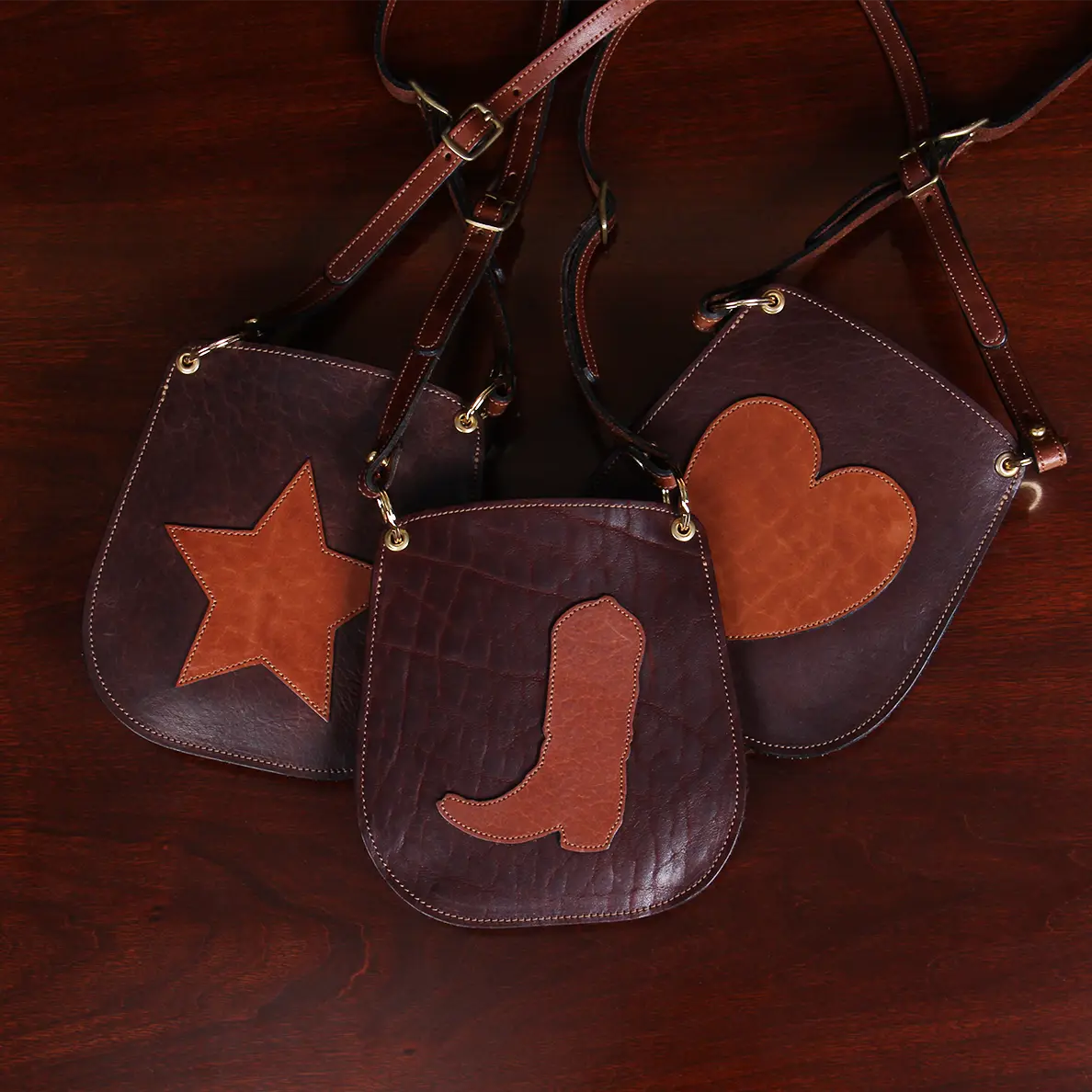 Bella bags in Tobacco Brown American Buffalo with leather patches on front