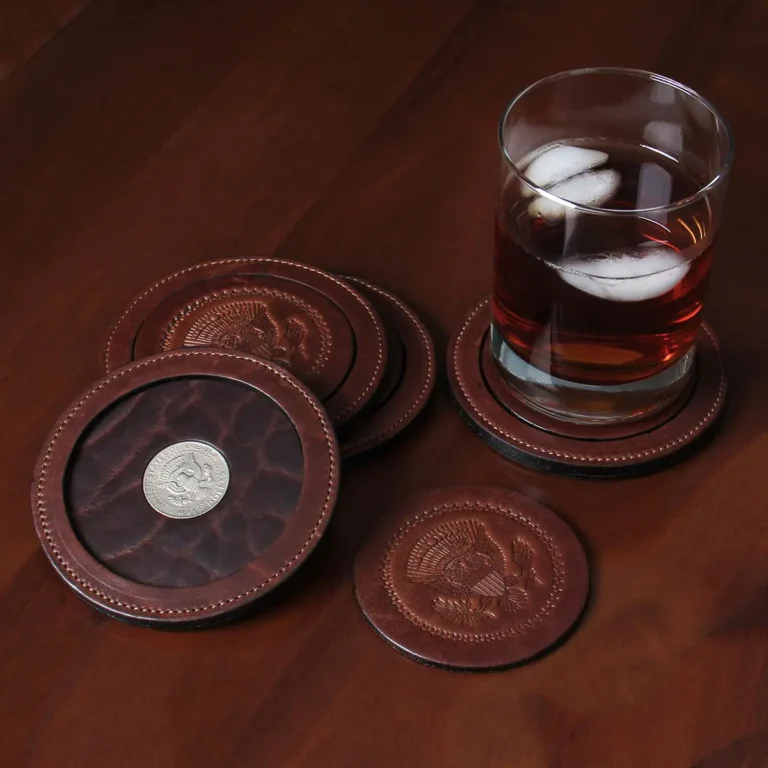 Tobacco Brown American Buffalo Half Dollar Coaster Set with Glass of Tea