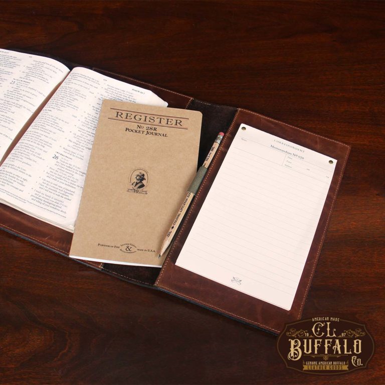 open view of leather bible cover showing journal and memo pad