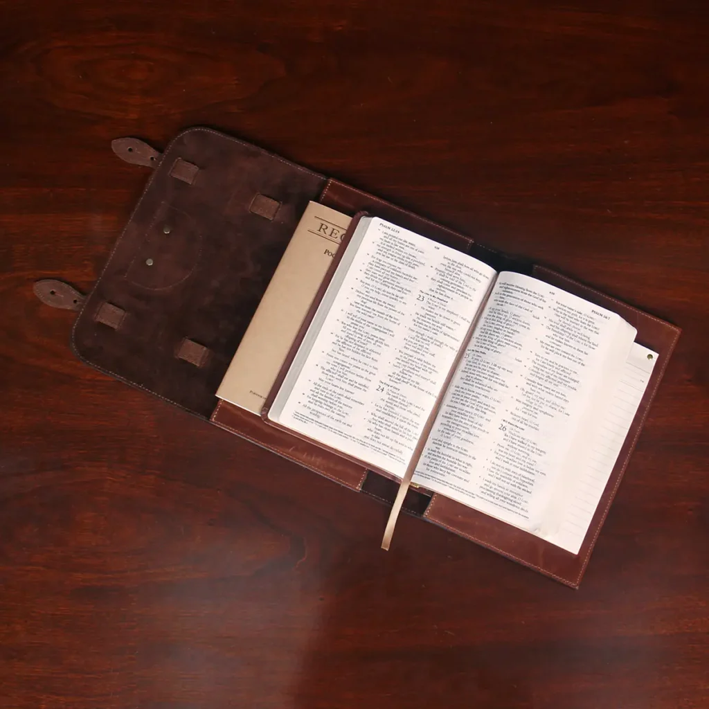 open view of leather bible cover