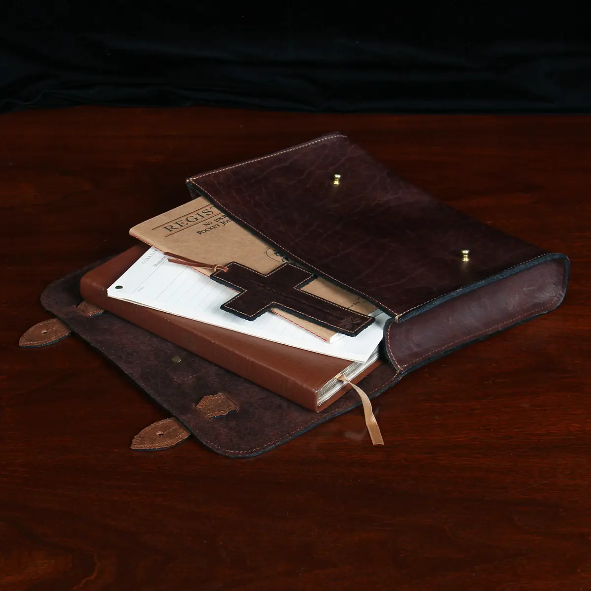 leather cross bookmark, journal, memo pad, and leather bible cover pocket