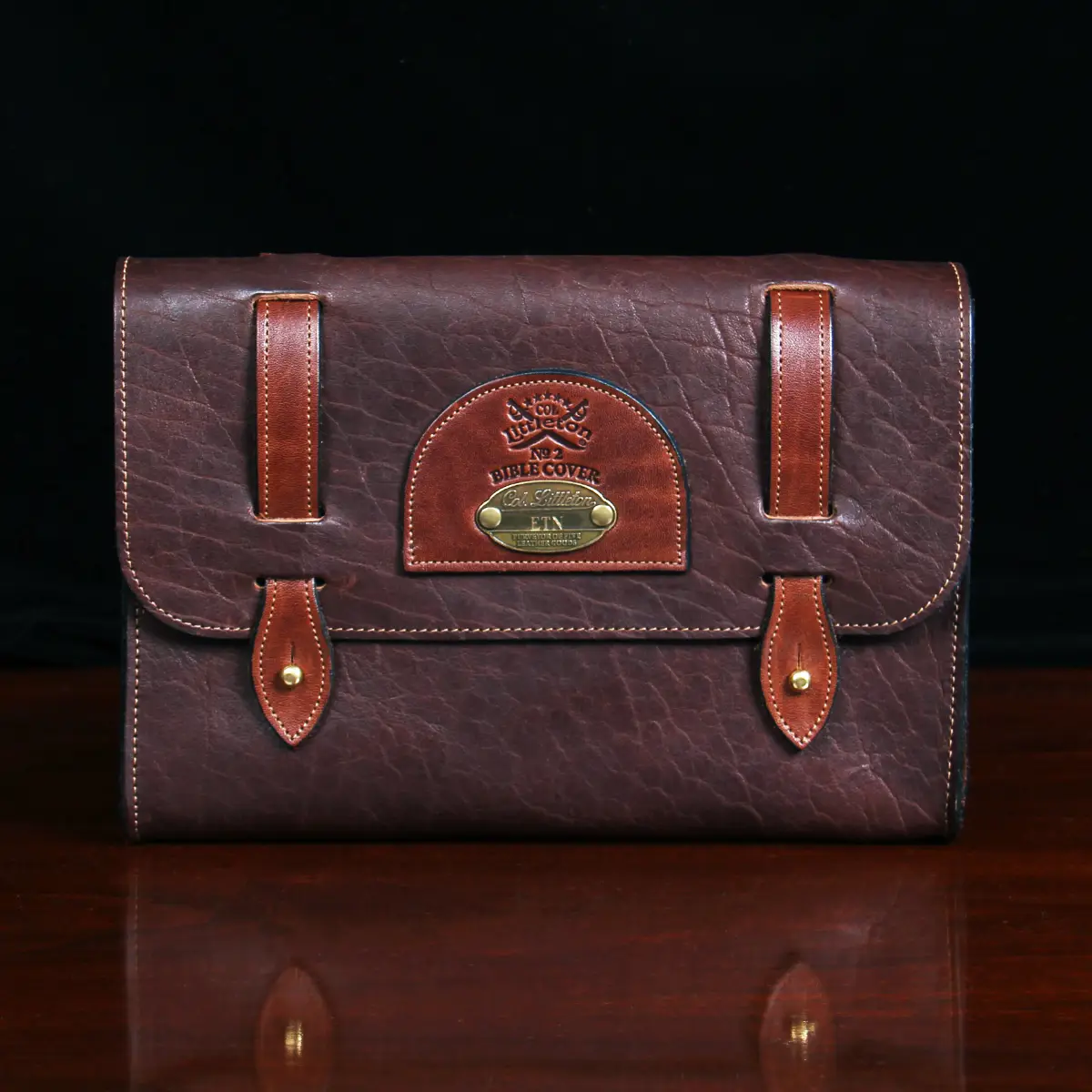 front view of closed leather bible cover pocket