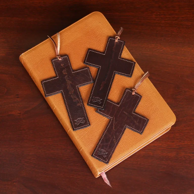 Three Tobacco Brown American Buffalo Rugged Cross Bible Bookmarks on bible