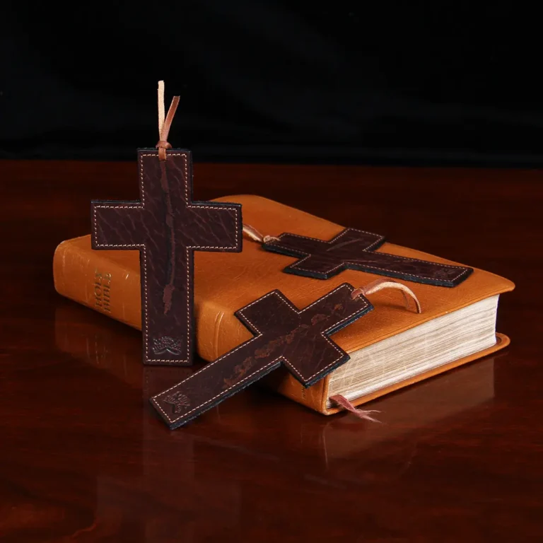 Three Tobacco Brown American Buffalo Rugged Cross Bible Bookmarks on bible