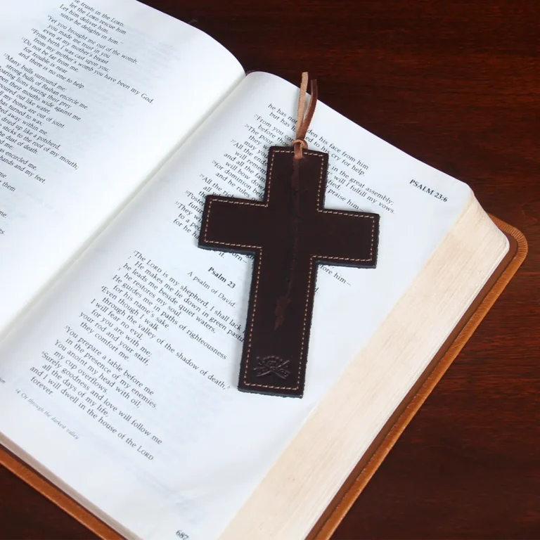 Tobacco Brown American Buffalo Rugged Cross Bible Bookmark on open bible
