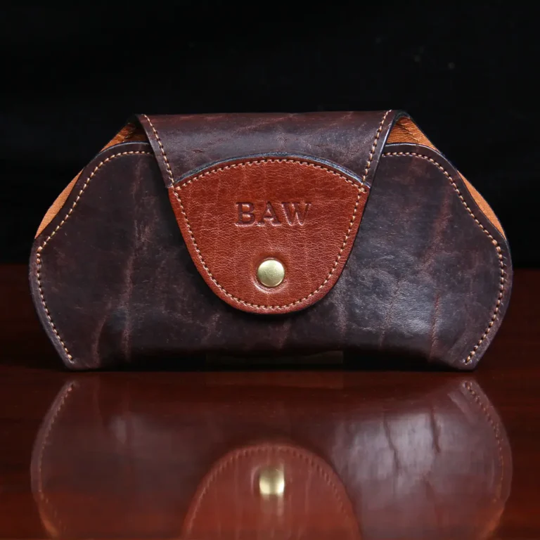 front view of leather aviator sunglasses case with monograming embossed