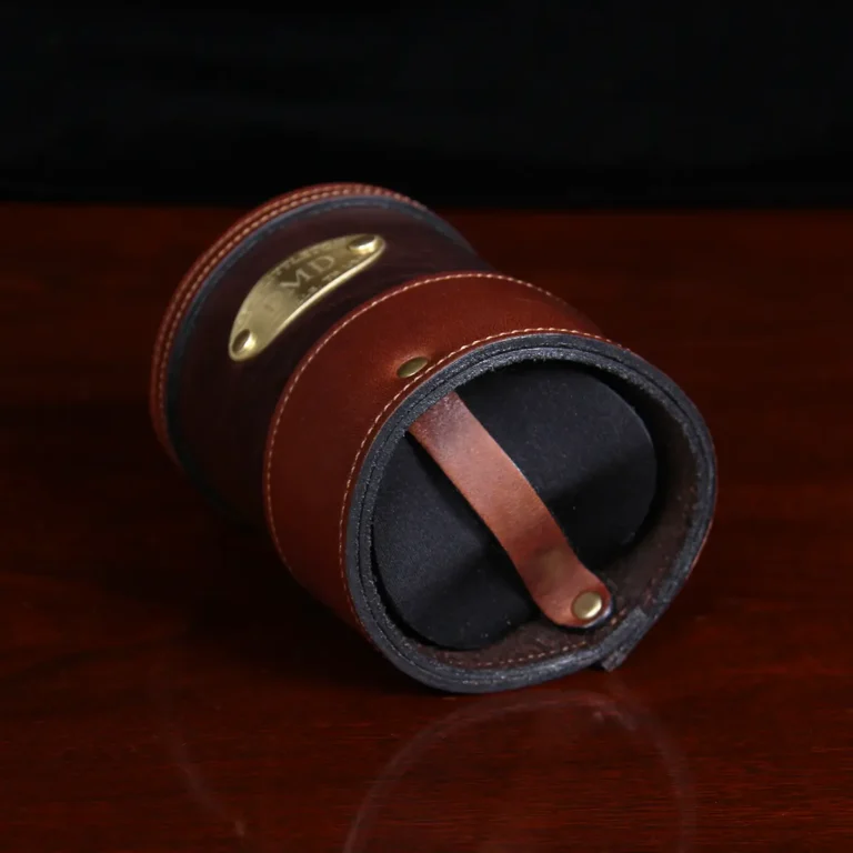 bottom of dark brown leather can coozie
