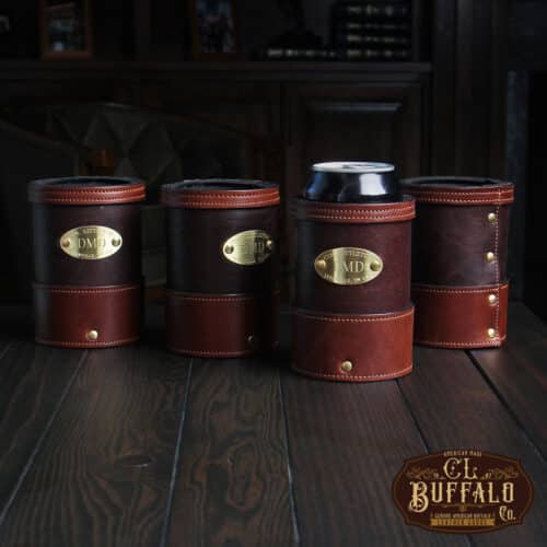 Tobacco Brown American Buffalo can caddy set on wood table with CL Buffalo logo in bottom right hand corner