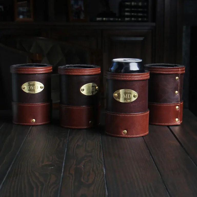 Tobacco Brown American Buffalo can caddy set on wood table with CL Buffalo logo in bottom right hand corner