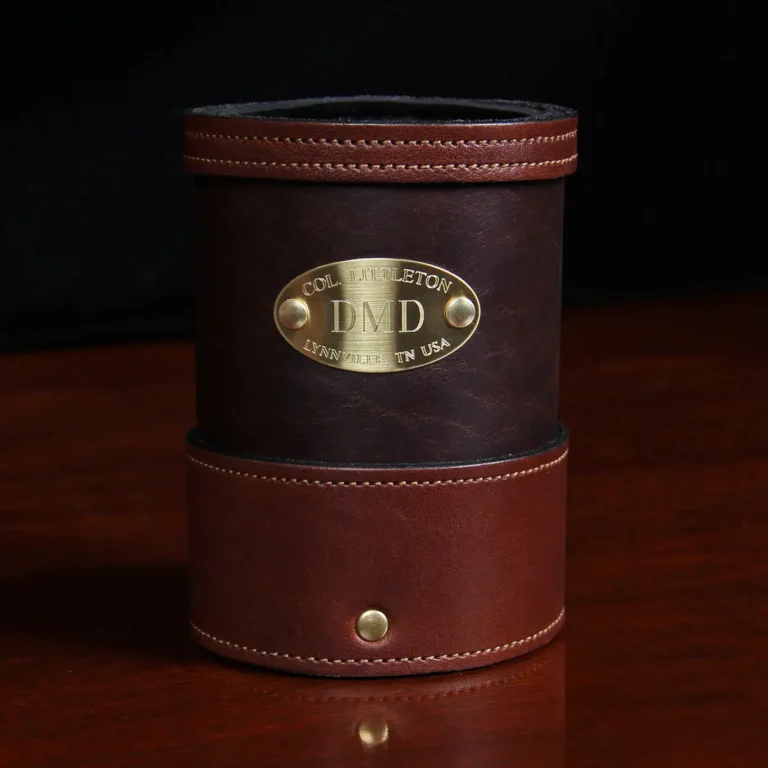 dark brown leather can coozie with plate