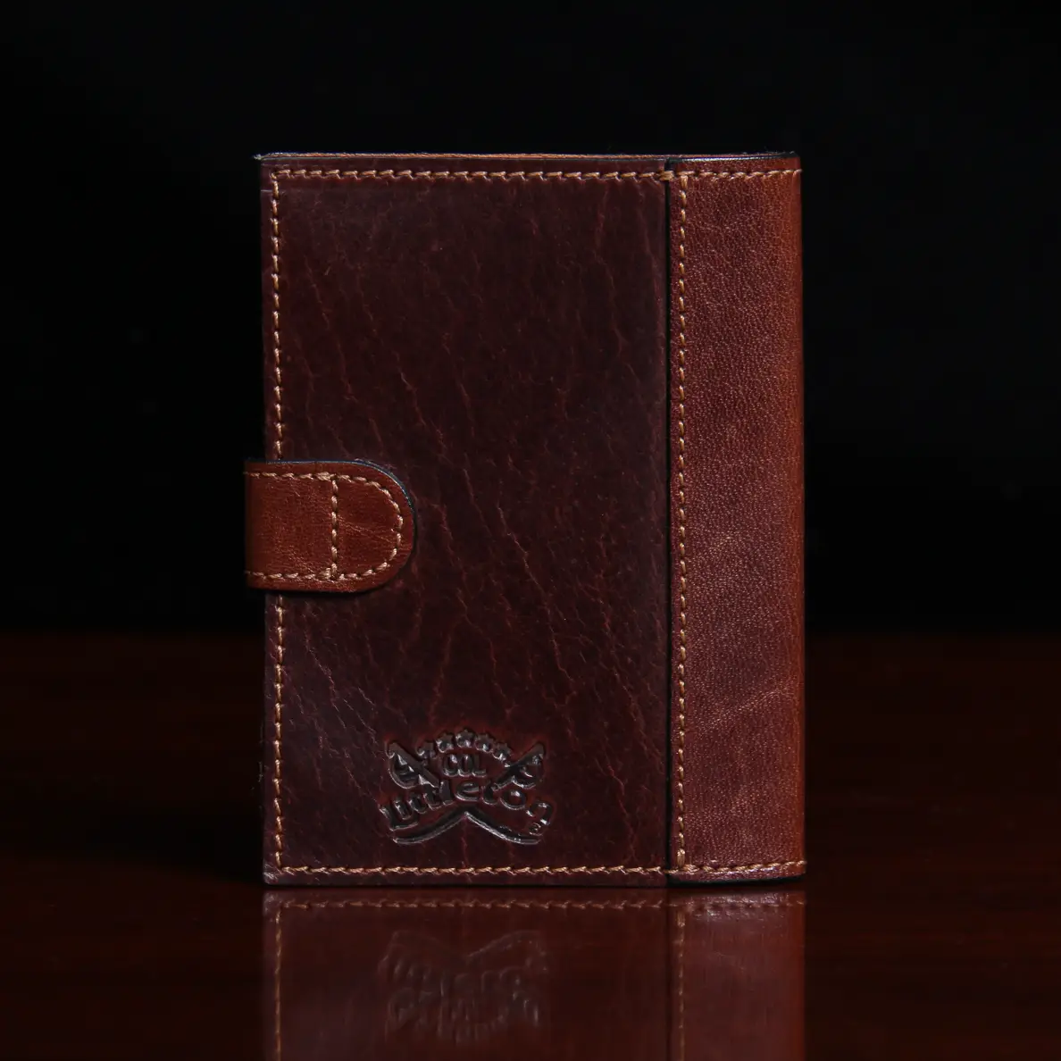 back view of dark brown leather wallet with snap closure