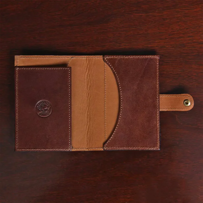open view of dark brown leather wallet with snap closure