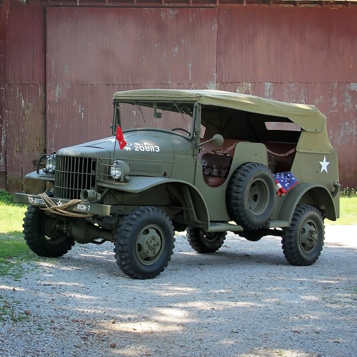 1941 Command Car in front of red barn