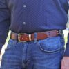 Man wearing No. 4 Belt in Vintage Brown