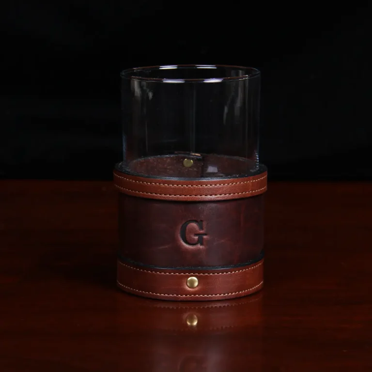 Veranda Glass in Tobacco Brown American Buffalo with initial personalization stamp on the front
