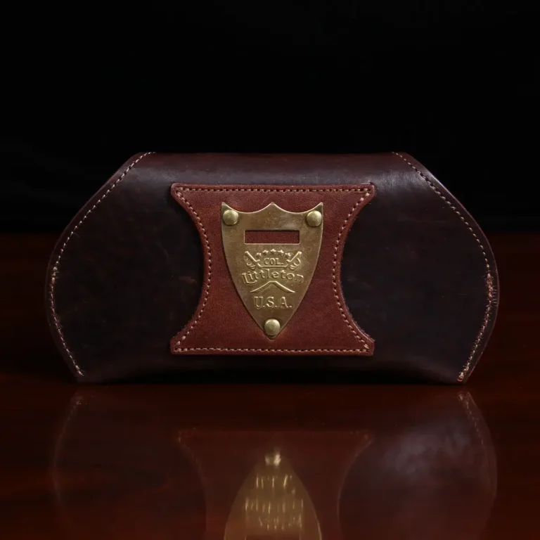 showing the back side of the aviator eyecase in tobacco brown american buffalo