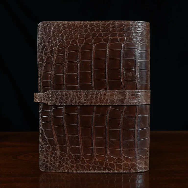 No. 18 Portfolio in Vintage Brown American Alligator - ID 002 - front view on black background