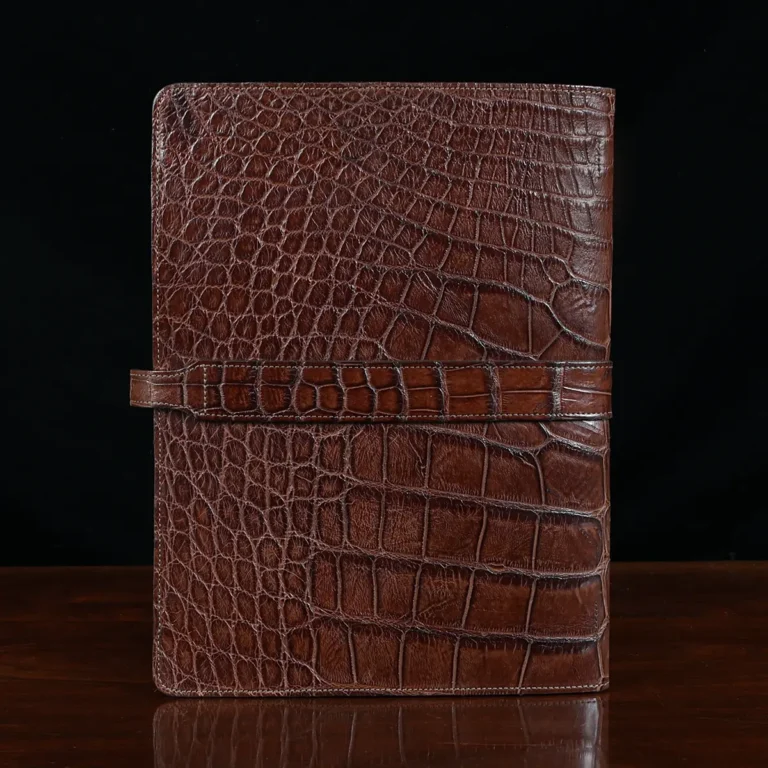 No. 18 Portfolio in Vintage Brown American Alligator - ID 002 - back view on black background