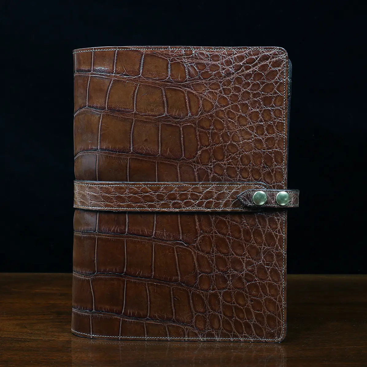 View larger image of No. 18 Portfolio in Vintage Brown American Alligator - ID 002 - front view on black background