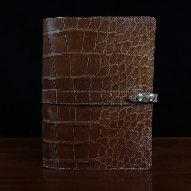 No. 18 Portfolio in Vintage Brown American Alligator - ID 002 - front view on black background