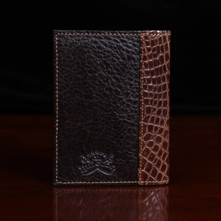 back view of dark brown leather wallet with alligator trim