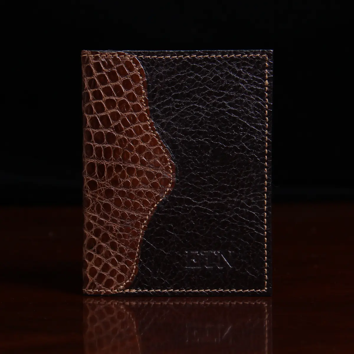 dark brown leather wallet with alligator trim