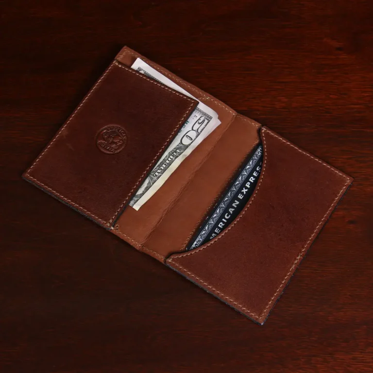 inside view of brown leather wallet with money and cards in pockets