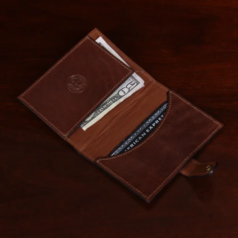 inside view of brown leather wallet with money and cards in pockets
